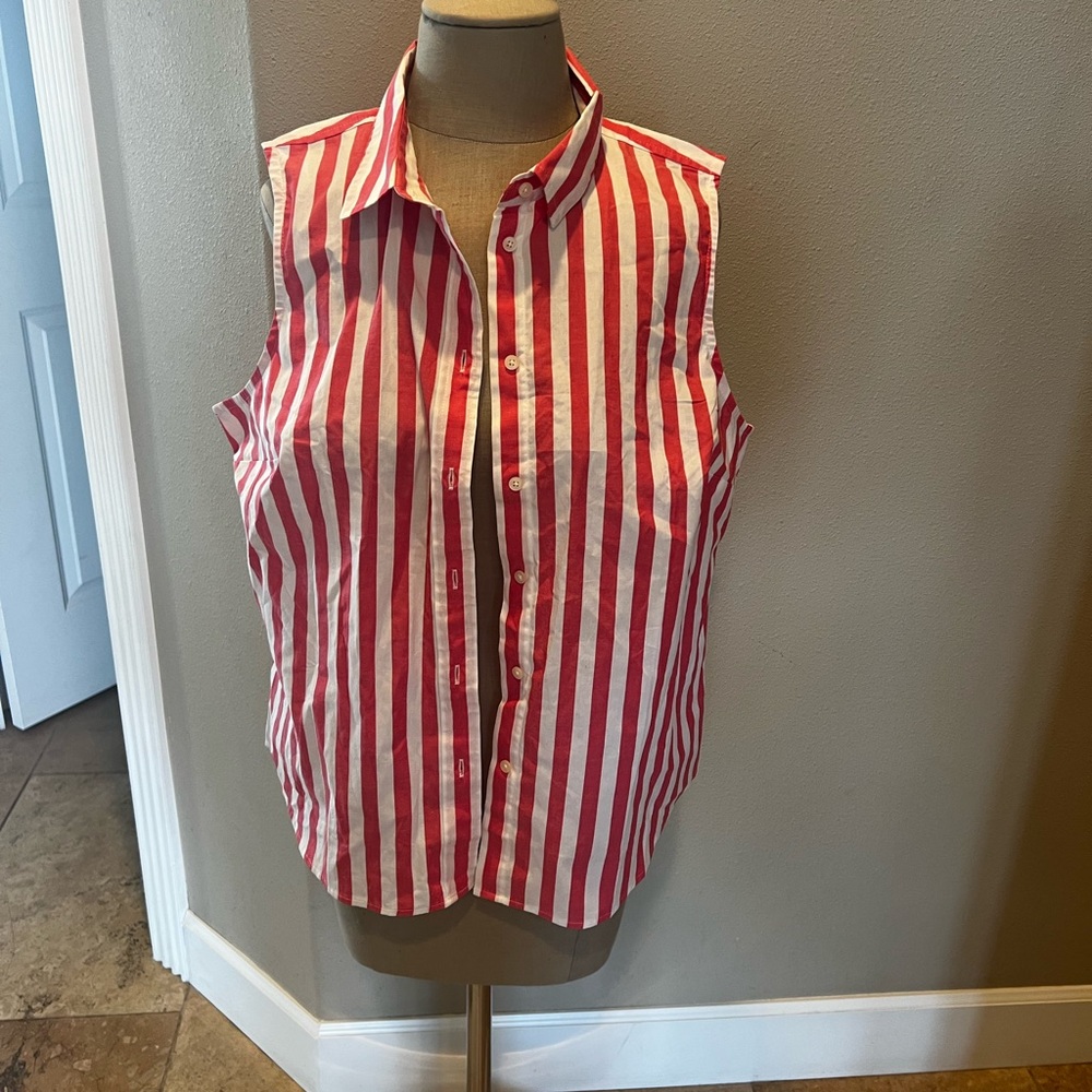 Pink and White Striped Sleeveless Button Down